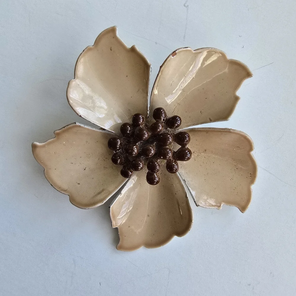 Vintage Pink Enamel Brooch Floral Metal Pin Flower Jewelry